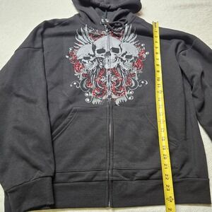 Social Collision Skull Hoodie‎ L Black Rhinestone Gothic Y2K Zip Up Sweatshirt